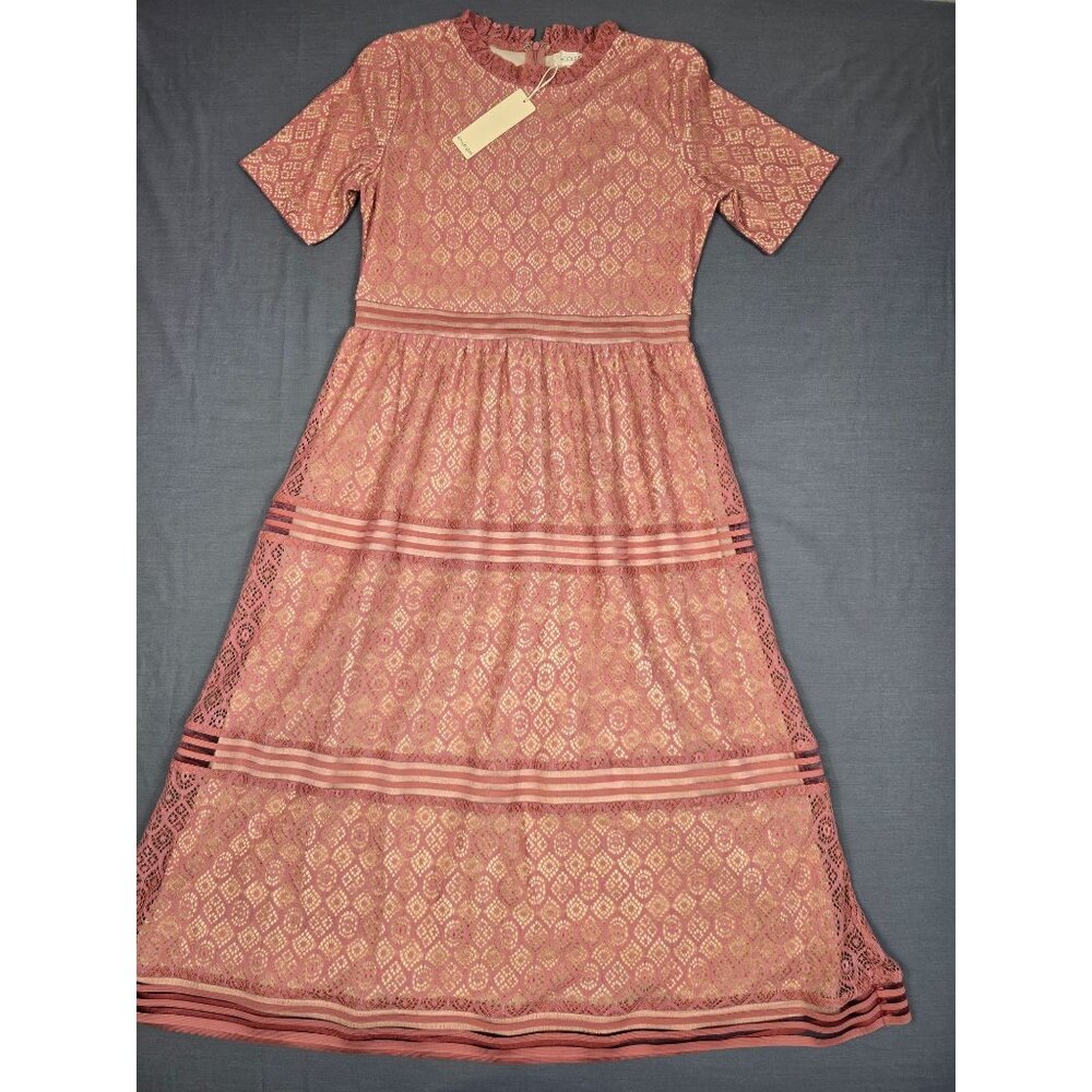 NEW Roolee Lace Maxi Dress Pink Geometric Pattern Short Sleeve Sz L Cottagecore